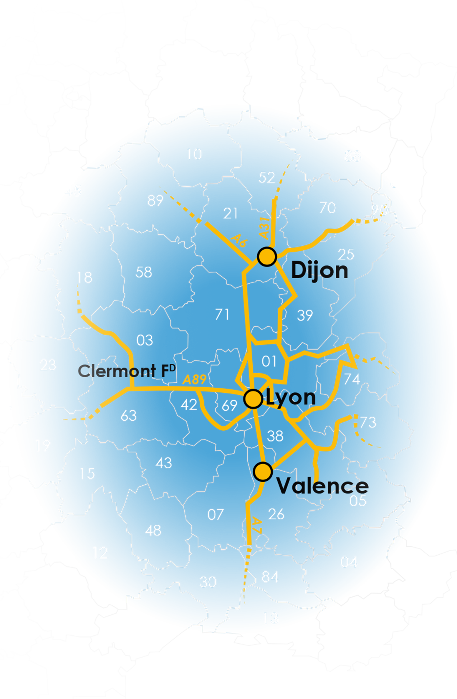 Carte de France, avec Secteurs d'intervention NTTS.3 ateliers Dijon, Lyon Valences, réseau autoroutes